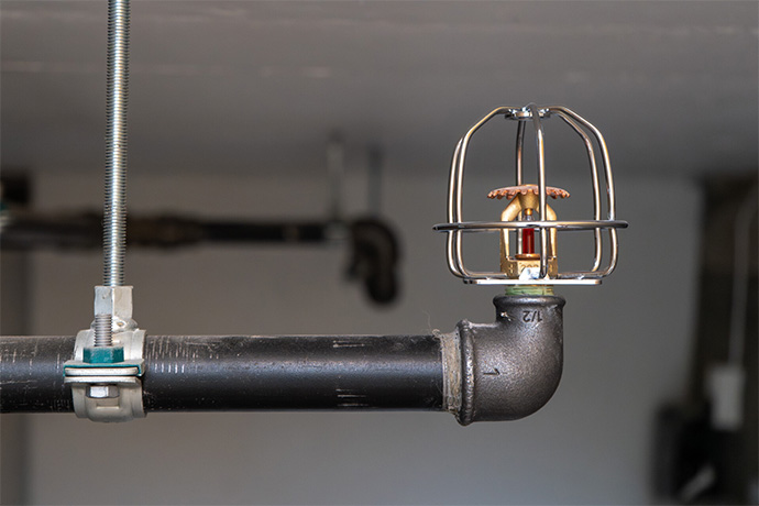 Sprinkler head with protective cage mounted on black piping in a building's technical installation.